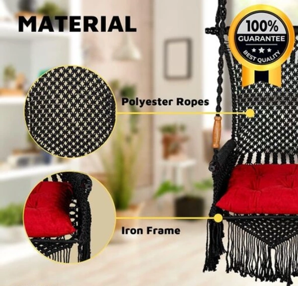 The Elegant Curio Centre Premium Maharaja Hanging Swing -Black with Polyester Ropes & Mild Steel Frame Chair with Heavy Duty Stainless Steel Hanging Accessories And Cushion has a unique design, - Free Size, Black, Polyester Rope With Iron Frame, Pack of 1